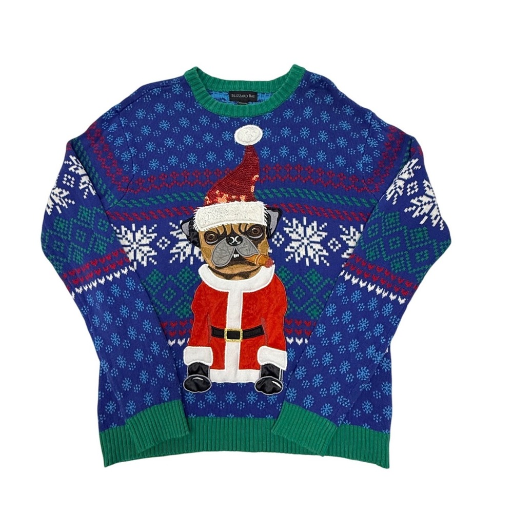 Blizzard Bay Mens Pug Santa Cigar Ugly Christmas Sweater Blue Fair Isle Medium